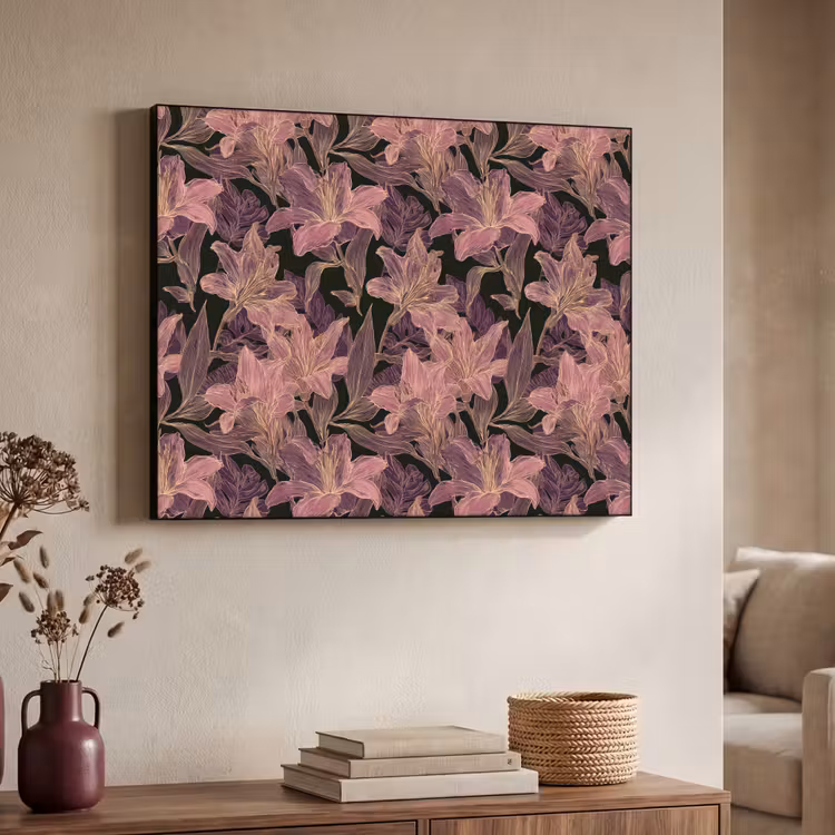 Lelies - Patroon - Paars - Goud Textielframe zwart klein 947 -sfeer3