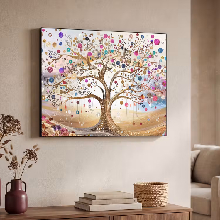 Levensboom - Goud - Kleurrijk - Abstract - Aesthetic Textielframe - compleet frame klein -sfeer3