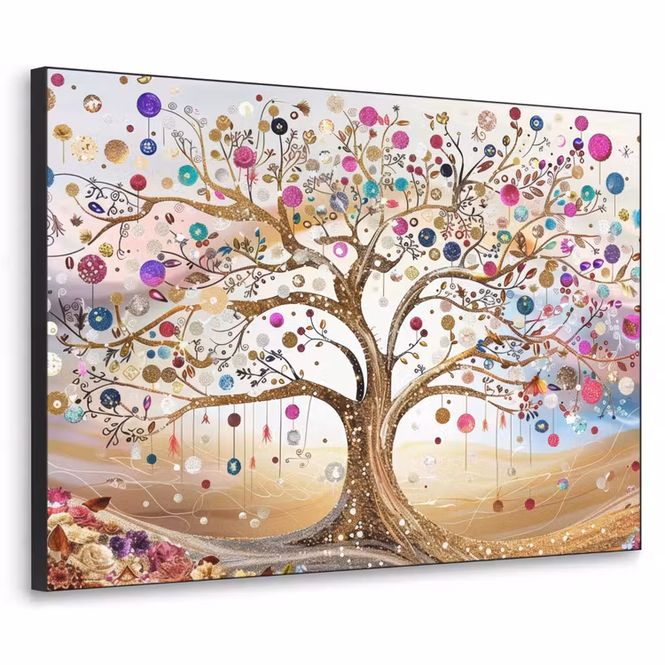 Levensboom - Goud - Kleurrijk - Abstract - Aesthetic Textielframe zwart klein -3d