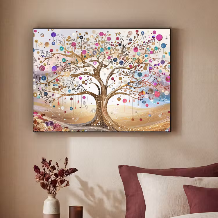 Levensboom - Goud - Kleurrijk - Abstract - Aesthetic Textielframe - compleet frame klein -sfeer1