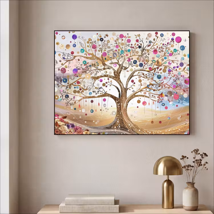 Levensboom - Goud - Kleurrijk - Abstract - Aesthetic Textielframe - compleet frame klein -sfeer2