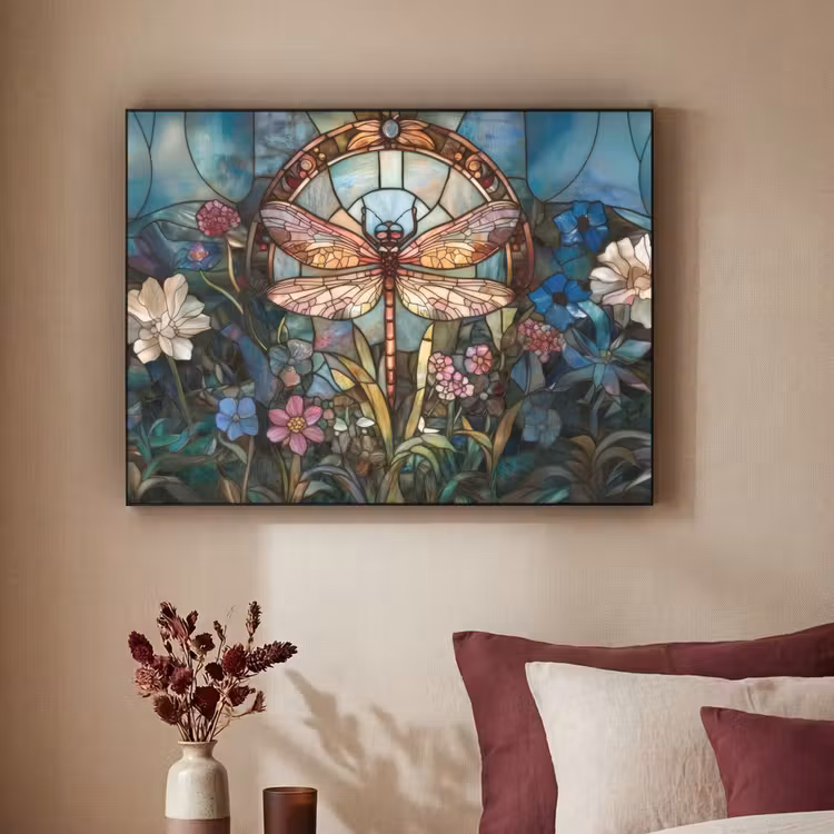 Libelle - Mozaïek - Bloemen - Kleurrijk Textielframe - compleet frame klein -sfeer1