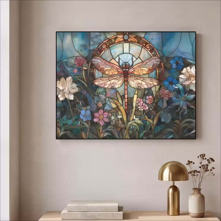 Libelle - Mozaïek - Bloemen - Kleurrijk Textielframe zwart klein -sfeer2