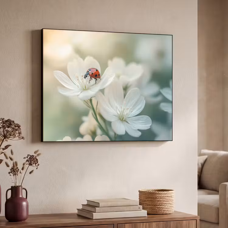 Lieveheersbeestje - Bloemen - Wit Textielframe - compleet frame klein -sfeer3