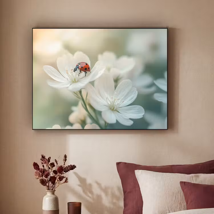 Lieveheersbeestje - Bloemen - Wit Textielframe - compleet frame klein -sfeer1