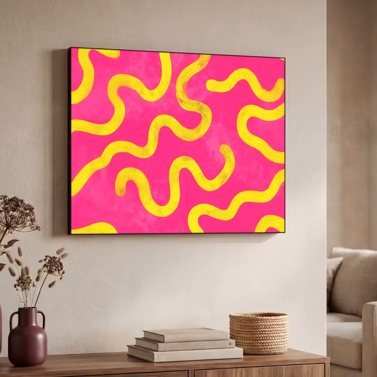 Lijn - Geel - Abstract Textielframe zwart klein -sfeer3