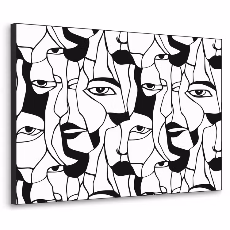 Lijnen - Gezichten - Zwart - Wit Textielframe zwart klein 947 -3d