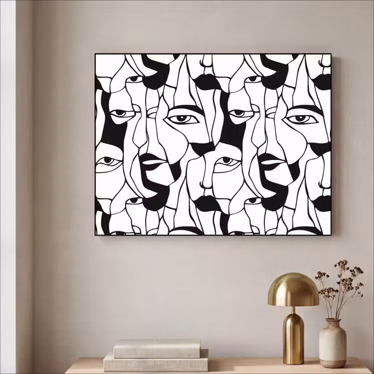 Lijnen - Gezichten - Zwart - Wit Textielframe zwart klein 947 -sfeer2