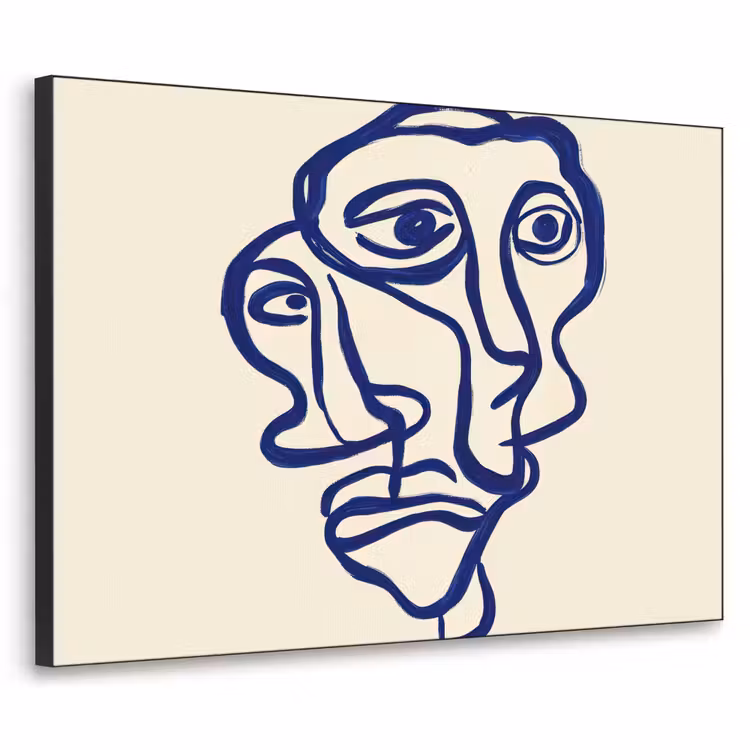 Lijntekening - Overlappende gezichten - Donkerblauw Textielframe - compleet frame klein -3d