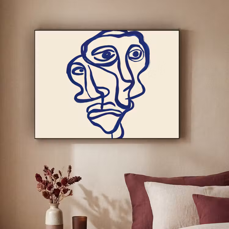 Lijntekening - Overlappende gezichten - Donkerblauw Textielframe - compleet frame klein -sfeer1