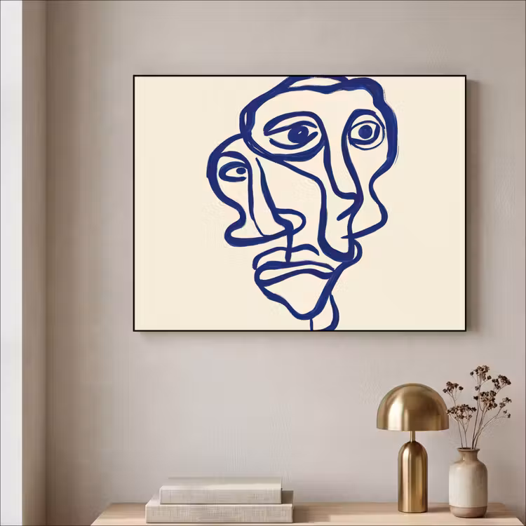 Lijntekening - Overlappende gezichten - Donkerblauw Textielframe - compleet frame klein -sfeer2
