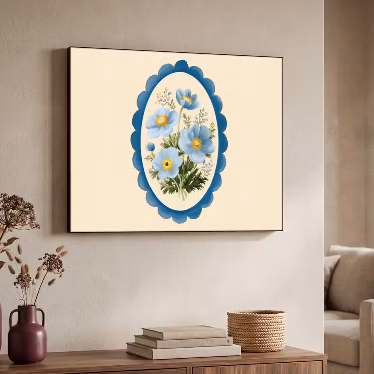 Lijst - Bloemen - Lichtblauw - Illustratie Textielframe zwart klein -sfeer3