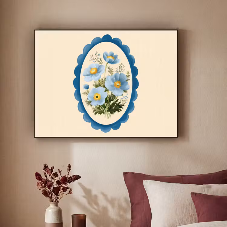 Lijst - Bloemen - Lichtblauw - Illustratie Textielframe - compleet frame klein -sfeer1