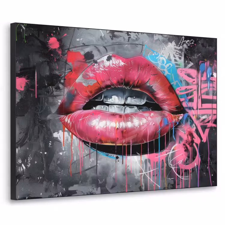 Lippen - Felroze - Graffiti - Verfstrepen Textielframe zwart klein -3d