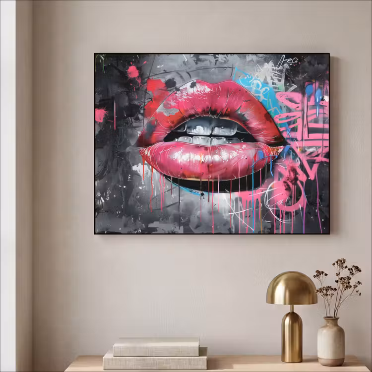 Lippen - Felroze - Graffiti - Verfstrepen Textielframe zwart klein -sfeer2