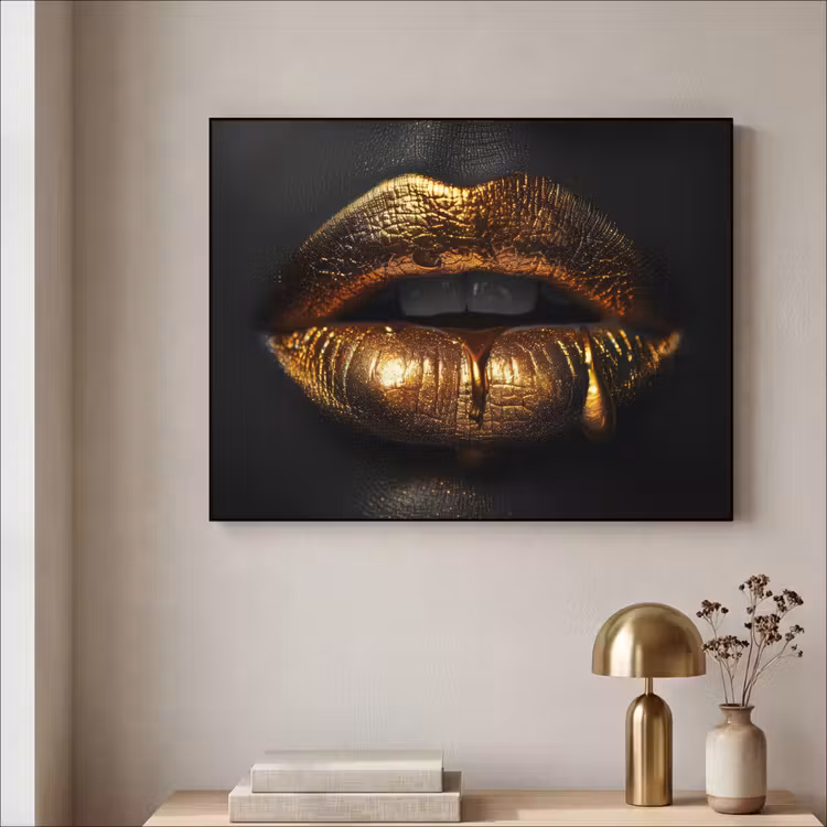 Lippen - Goud - Abstract - Zwart - Aesthetic Textielframe zwart klein -sfeer2