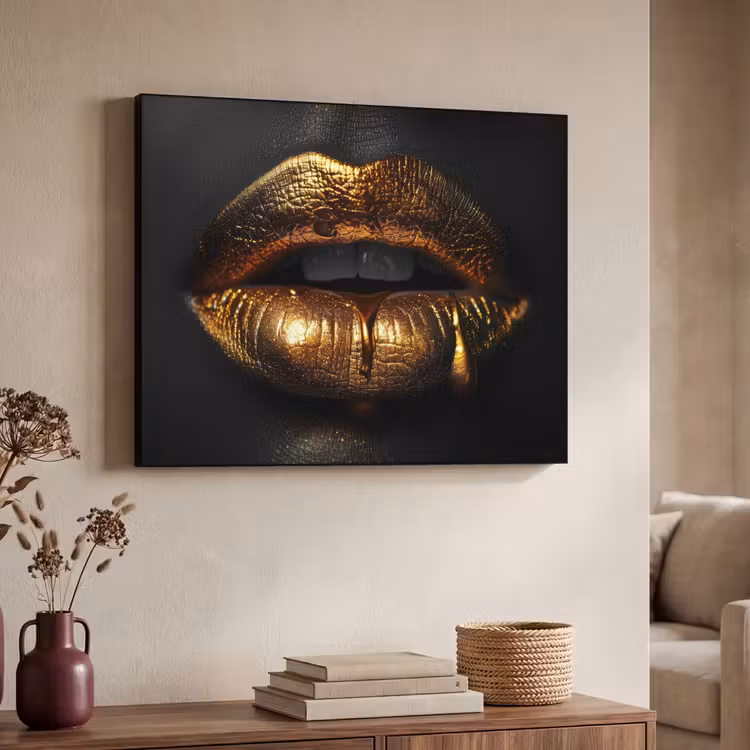 Lippen - Goud - Abstract - Zwart - Aesthetic Textielframe zwart klein -sfeer3