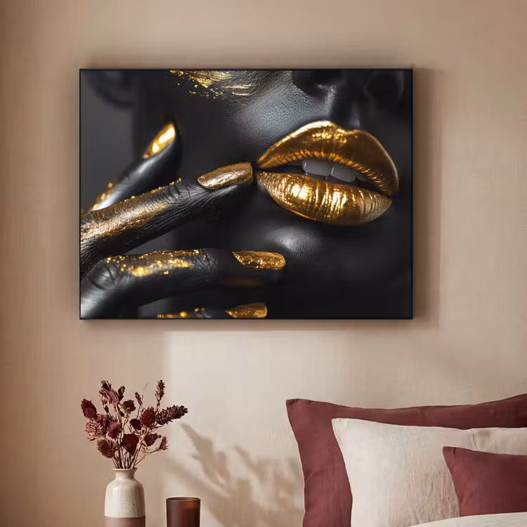 Lippen - Goud - Abstract - Zwart - Vrouw Textielframe zwart klein -sfeer1