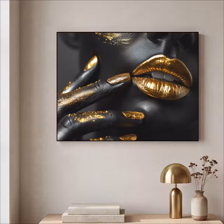 Lippen - Goud - Abstract - Zwart - Vrouw Textielframe zwart klein -sfeer2