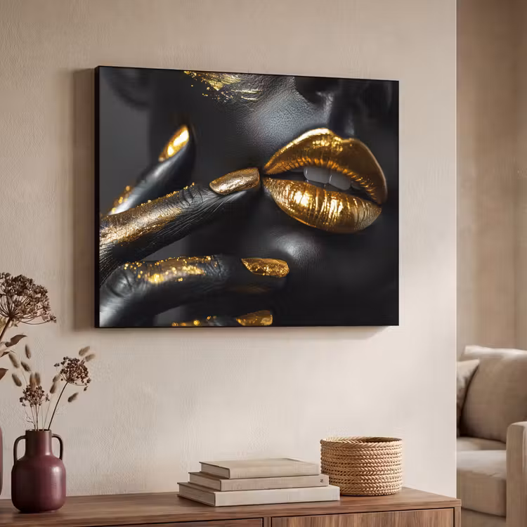 Lippen - Goud - Abstract - Zwart - Vrouw Textielframe zwart klein -sfeer3