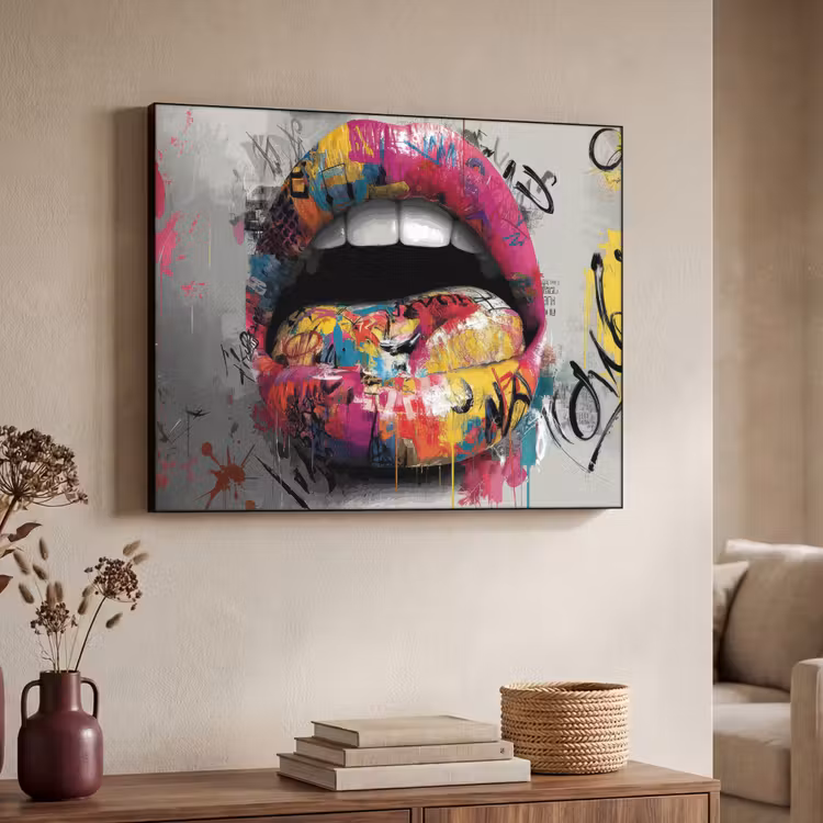Lippen - Graffiti - Expressief Textielframe zwart klein -sfeer3