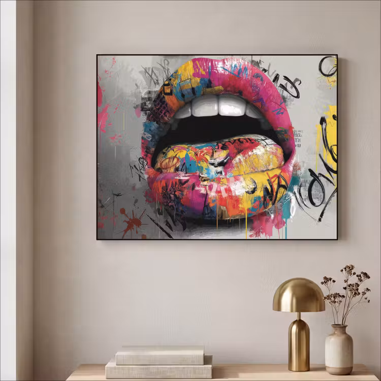 Lippen - Graffiti - Expressief Textielframe zwart klein -sfeer2