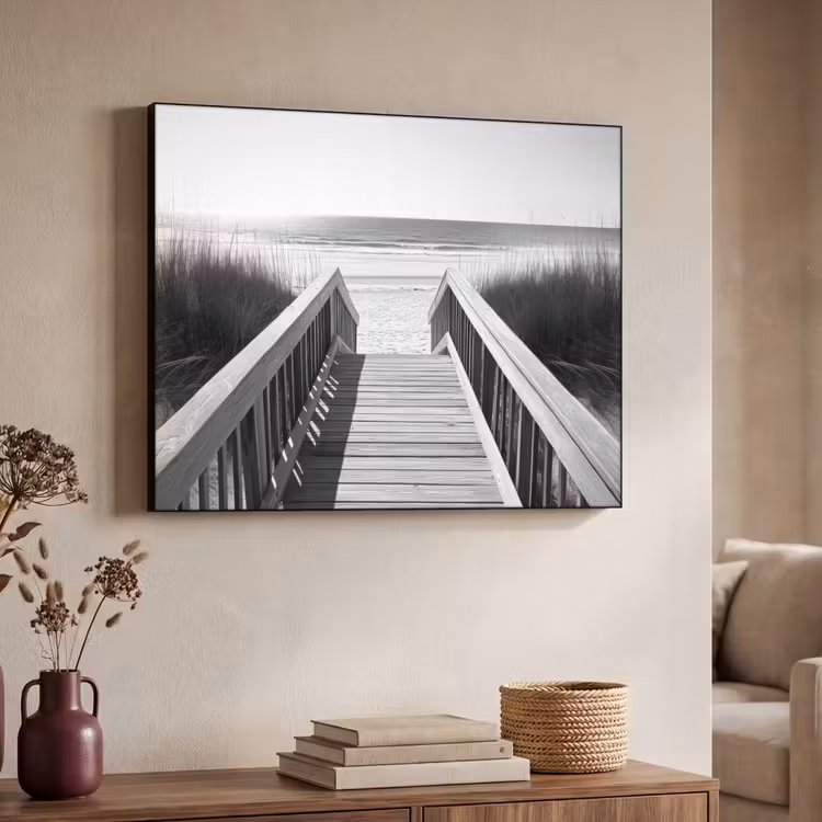 Loopbrug - Hout - Strand - Zee Textielframe zwart klein -sfeer3