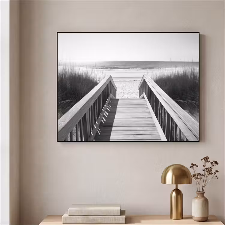 Loopbrug - Hout - Strand - Zee Textielframe - compleet frame klein -sfeer2