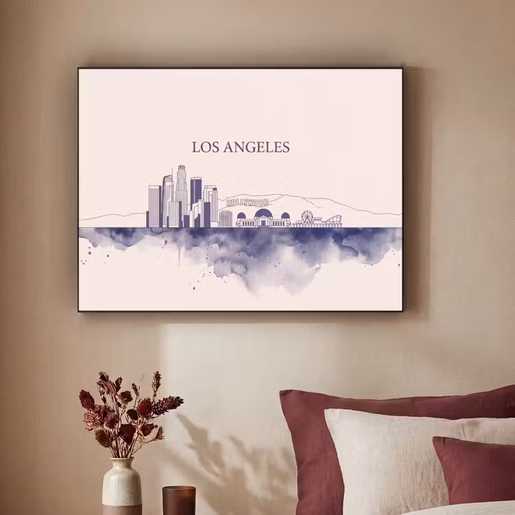 Los Angeles - Skyline - Architectuur - Aquarel - Blauw Textielframe zwart klein -sfeer1