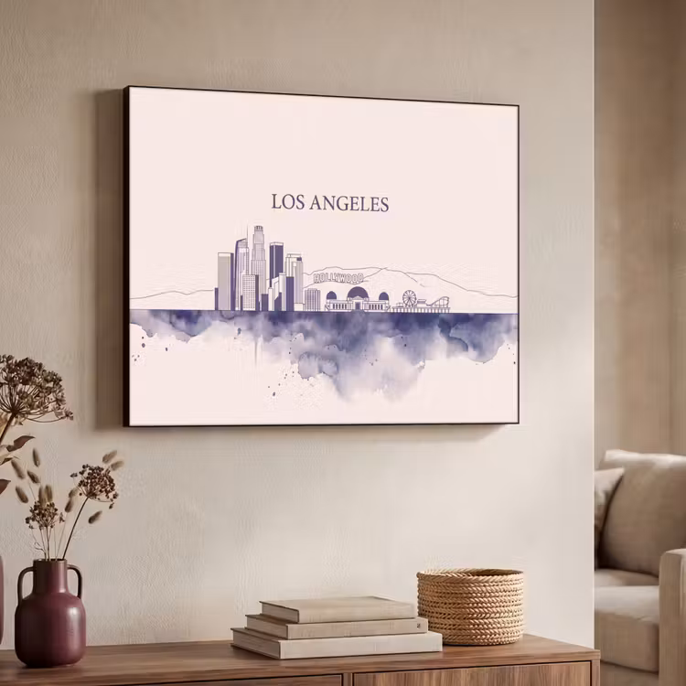 Los Angeles - Skyline - Architectuur - Aquarel - Blauw Textielframe zwart klein -sfeer3
