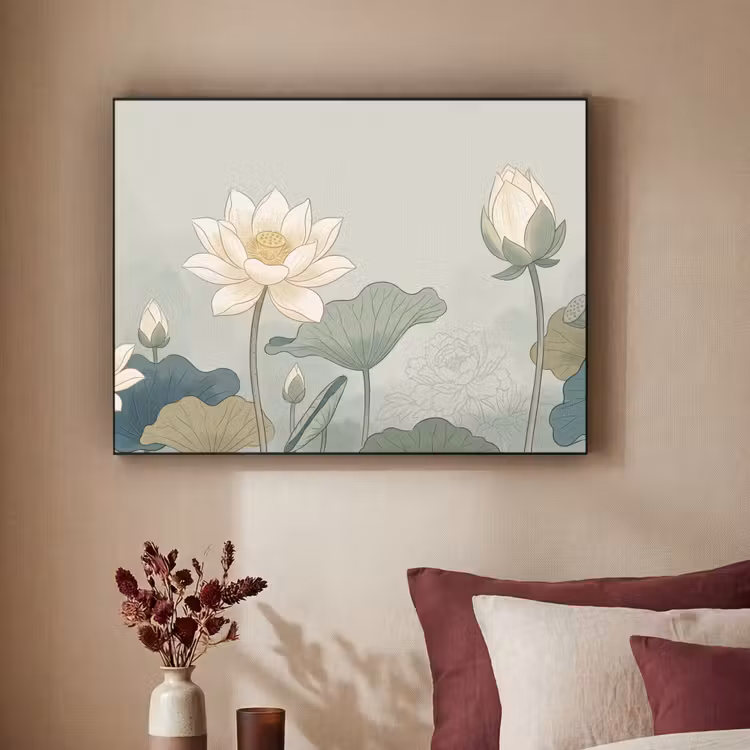 Lotus - Bloemen - Groen Textielframe zwart klein -sfeer1