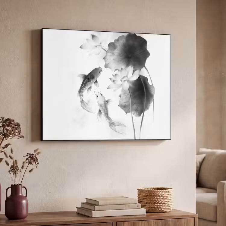 Lotusbloemen - Vissen - Bladeren - Zwart Textielframe - compleet frame klein -sfeer3