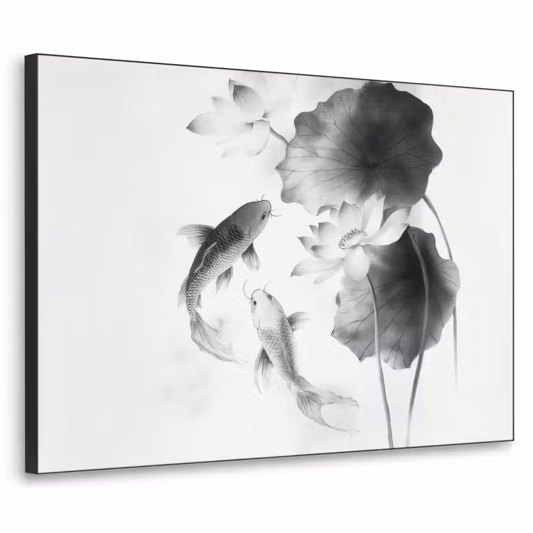 Lotusbloemen - Vissen - Bladeren - Zwart Textielframe zwart klein -3d