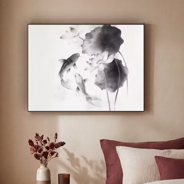 Lotusbloemen - Vissen - Bladeren - Zwart Textielframe zwart klein -sfeer1