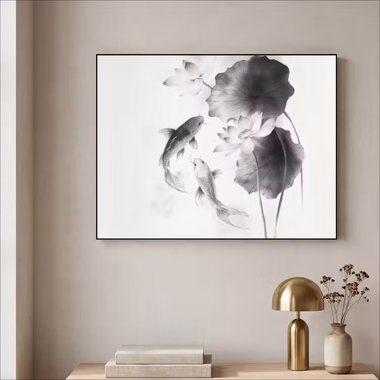 Lotusbloemen - Vissen - Bladeren - Zwart Textielframe zwart klein -sfeer2