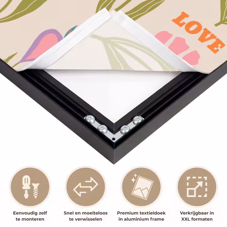 Love - Patroon - Bloemen - Hartjes Textielframe zwart klein 947 -USP_closeupNL