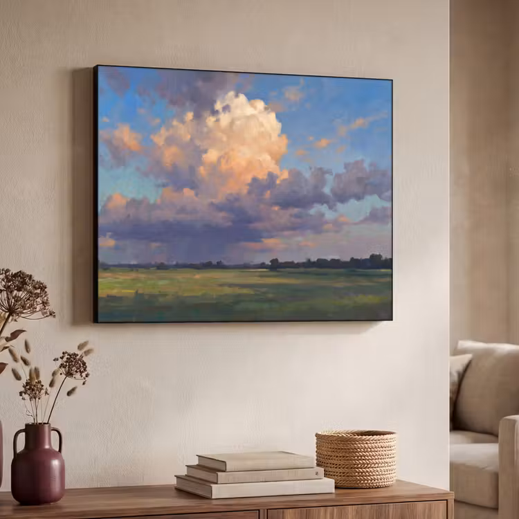 Lucht - Wolken - Landschap - Modern - Oranje Textielframe zwart klein -sfeer3