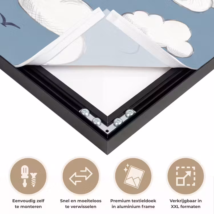 Lucht - Zon - Wolken - Natuur - Blauw Textielframe zwart klein -USP_closeupNL