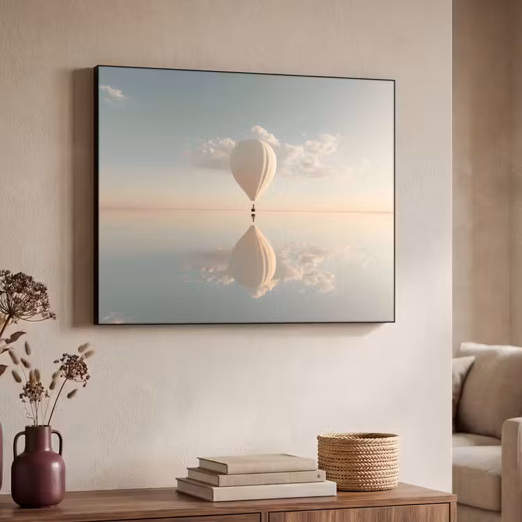 Luchtballon - Wolken - Water - Blauw Textielframe zwart klein -sfeer3