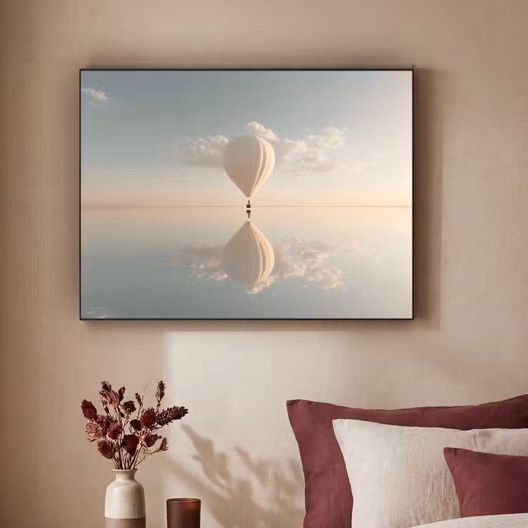 Luchtballon - Wolken - Water - Blauw Textielframe zwart klein -sfeer1