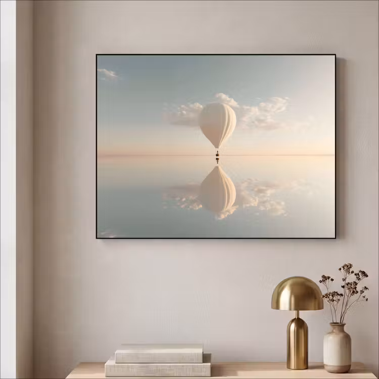Luchtballon - Wolken - Water - Blauw Textielframe zwart klein -sfeer2