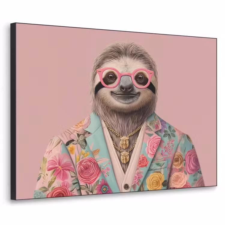 Luiaard - Bloemenprint - Bril - Roze Textielframe zwart klein -3d