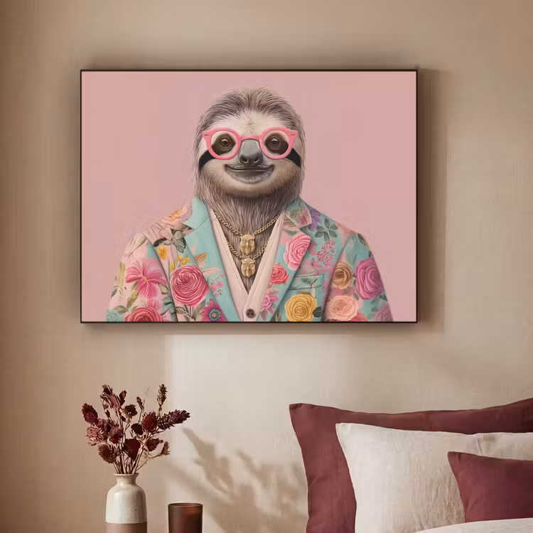 Luiaard - Bloemenprint - Bril - Roze Textielframe zwart klein -sfeer1