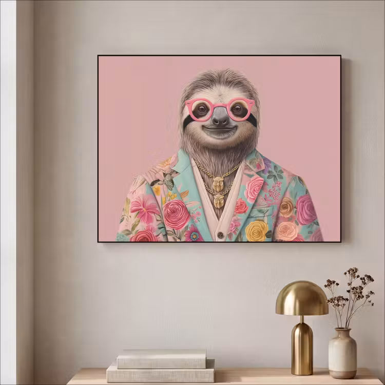 Luiaard - Bloemenprint - Bril - Roze Textielframe zwart klein -sfeer2