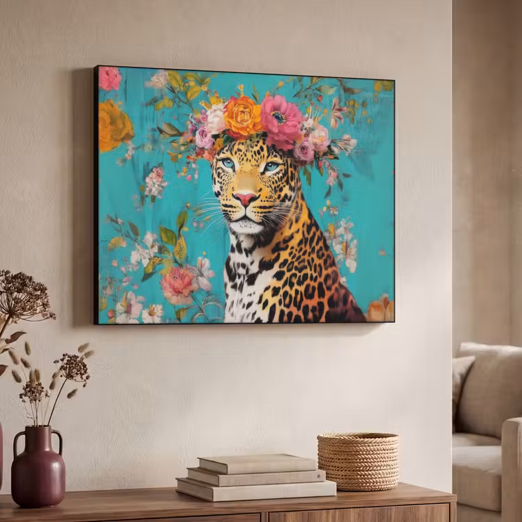 Luipaard - Bloemen - Kroon Textielframe - compleet frame klein -sfeer3