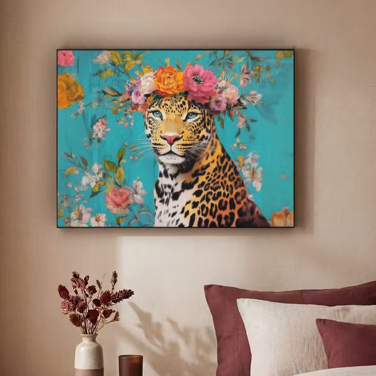 Luipaard - Bloemen - Kroon Textielframe zwart klein -sfeer1