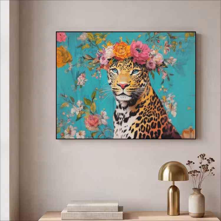 Luipaard - Bloemen - Kroon Textielframe zwart klein -sfeer2