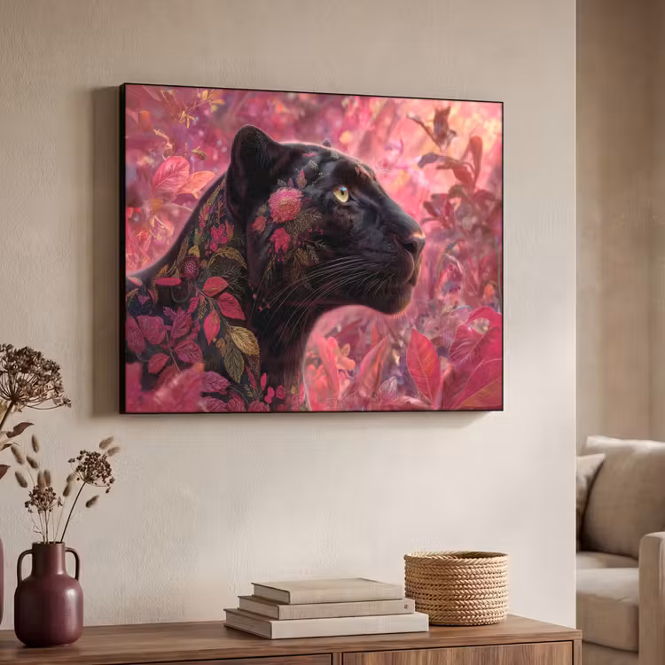 Luipaard - Bloemen - Roze Textielframe - compleet frame klein -sfeer3
