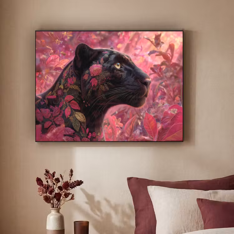 Luipaard - Bloemen - Roze Textielframe - compleet frame klein -sfeer1