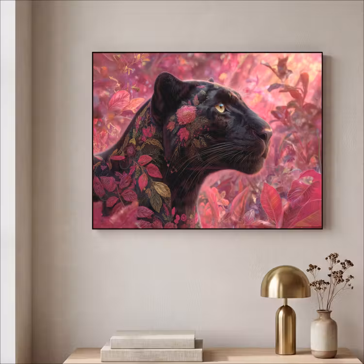 Luipaard - Bloemen - Roze Textielframe zwart klein -sfeer2
